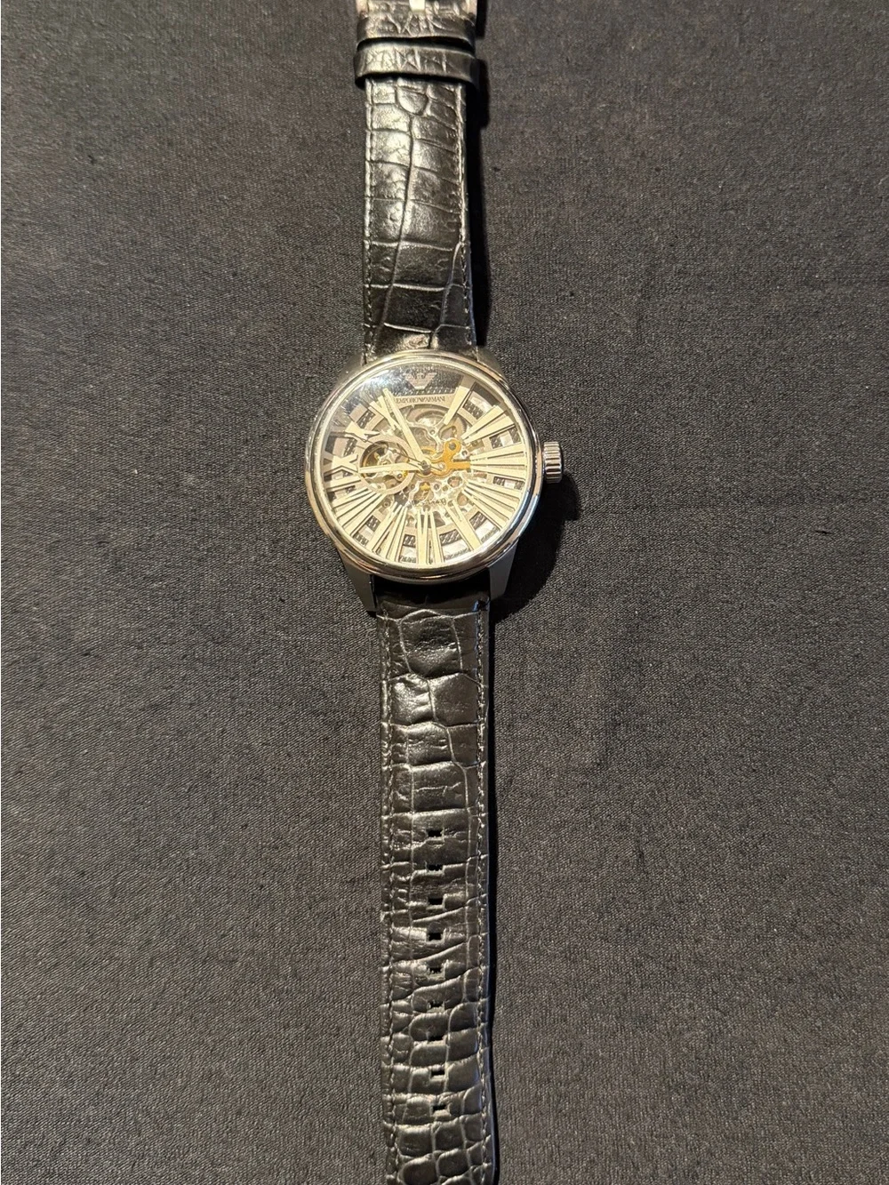 Emporio Armani AR4629 Automatic Skeleton Men’s Watch Black Leather Runs Great